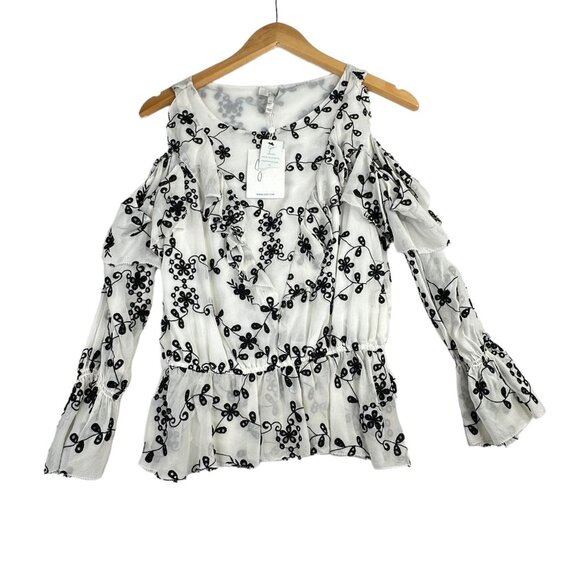 New‎ Joie Carlyton Eyelet Floral Cold Shoulder Ruffle Blouse Size XS White/Black - Picture 1 of 8